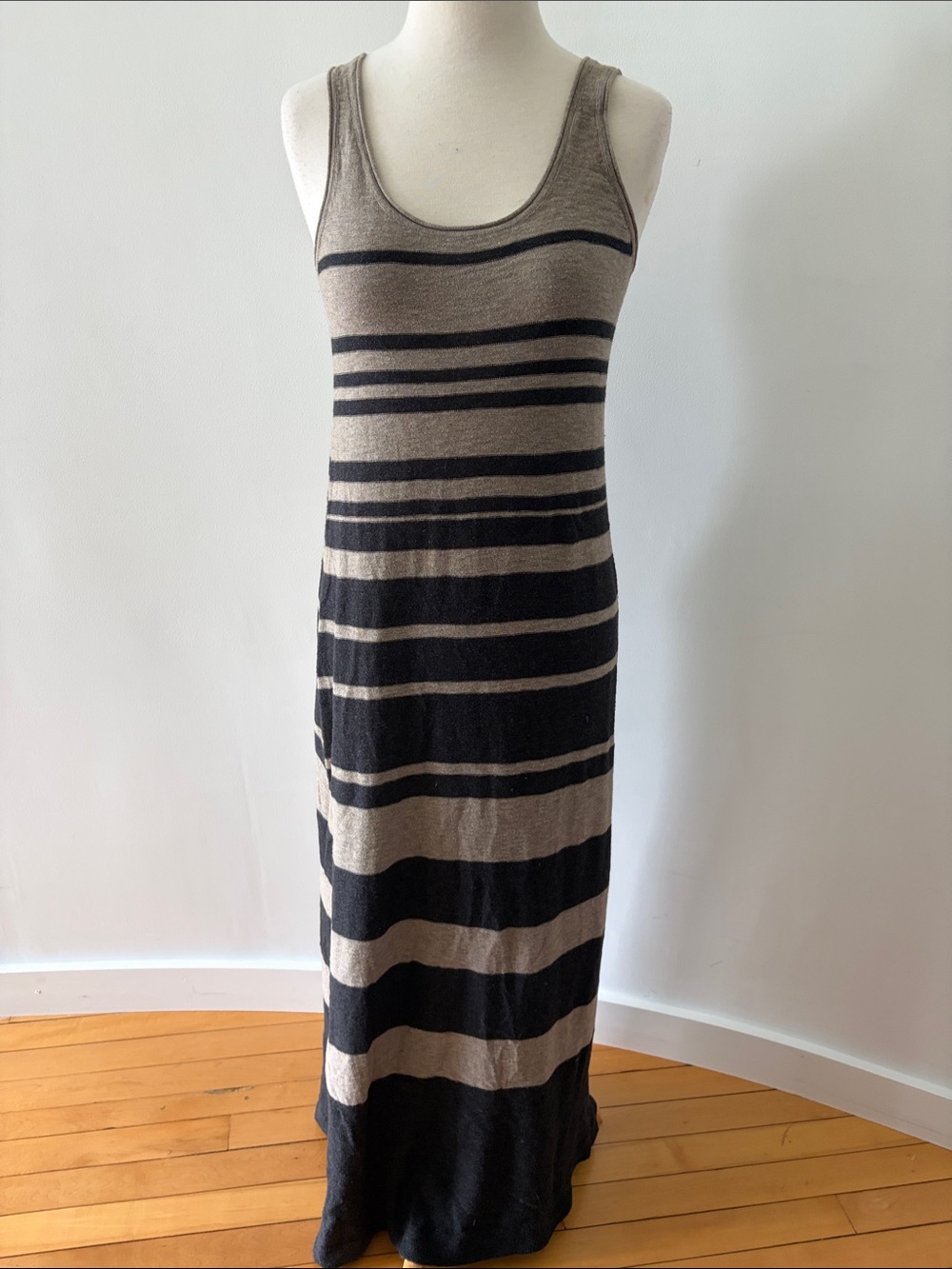 Vince Beige and Black Knit Striped Sleeveless Maxi Dress